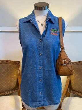 Vintage 90s UF Florida Gators Sleeveless Blue Denim Button-Up Top College Girl